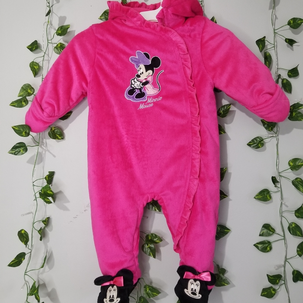 Disney Minnie Mouse Embroidered Footed Polyester Winter Jumpsuit Full Zip Fleece